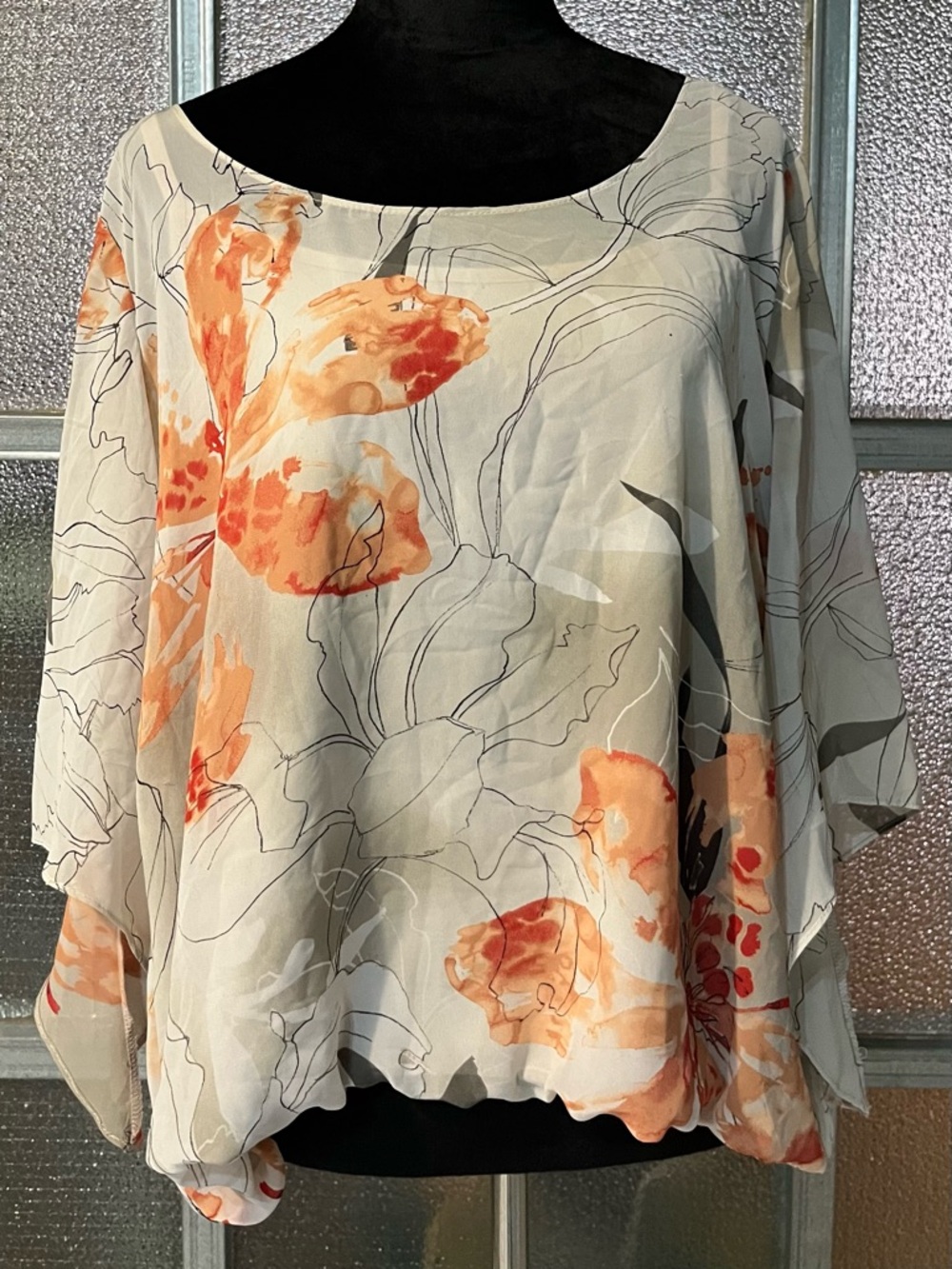 Alfani Floral Angel Wing Sleeve Chiffon Blouse in Cream, Orange and White